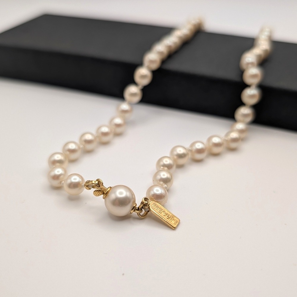 Marvella Faux Pearl Necklace Hand Knotted Cream Glass Pearl 15" Vintage Goldtone